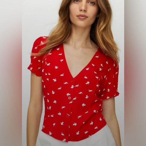 Aritzia Sunday Best Taryn Red with Pink/White Hearts Print Blouse EUC - Picture 11 of 13